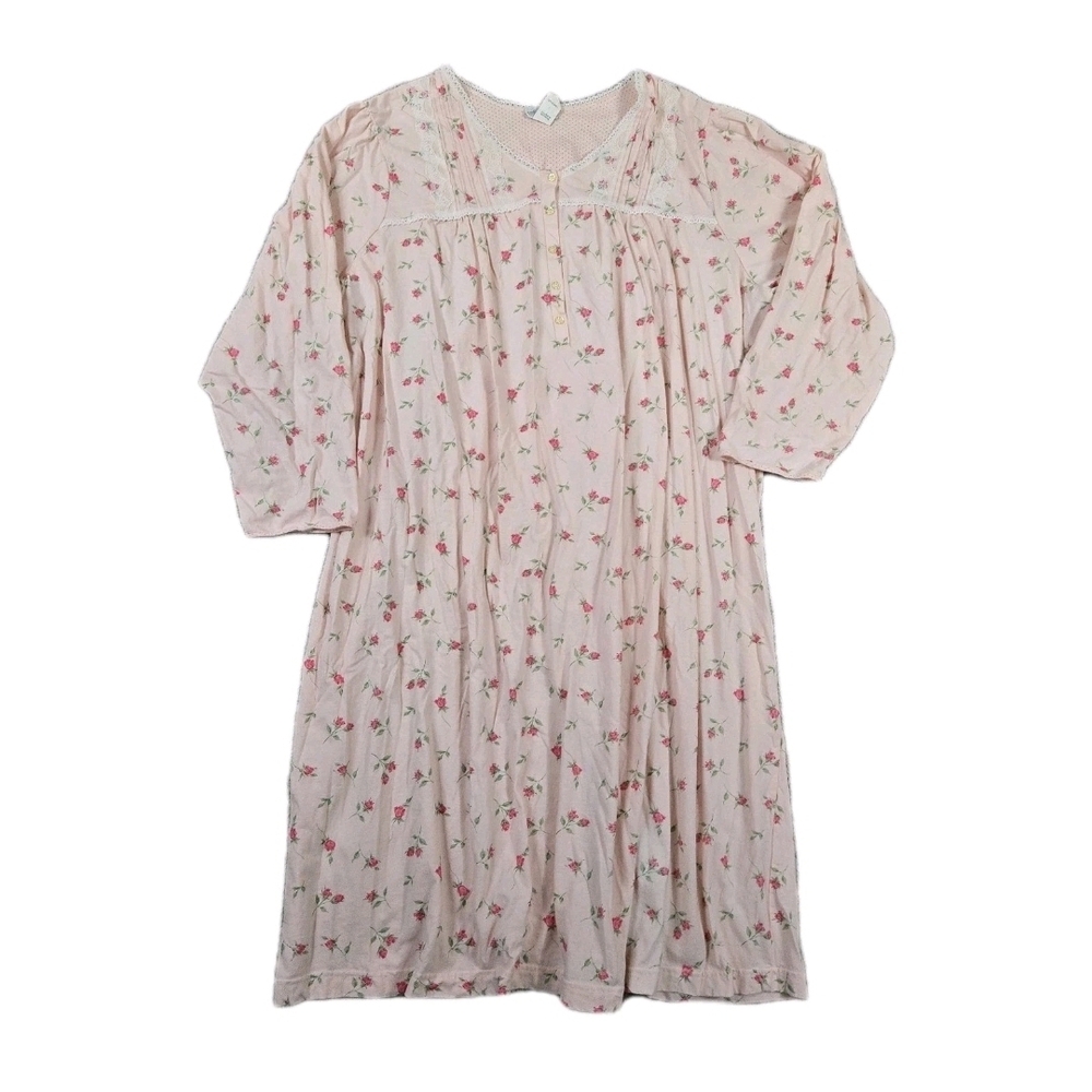 Soft Moments Pink Floral Nightgown Plus 3X Cotton Pleated Cottagecore Prairie